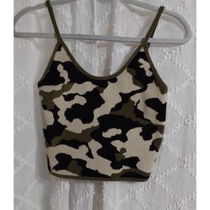 Jordyn Jagger Camo Knit Crop Top Green Camouflage Spaghetti Strap Tank M/L